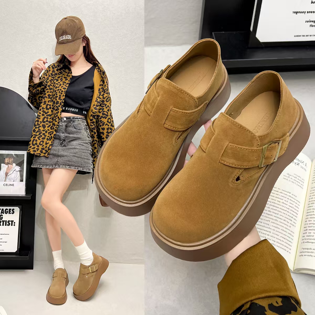 牛皮勃肯鞋女2025秋季新款厚底增高一脚蹬时髦单勃肯W-101