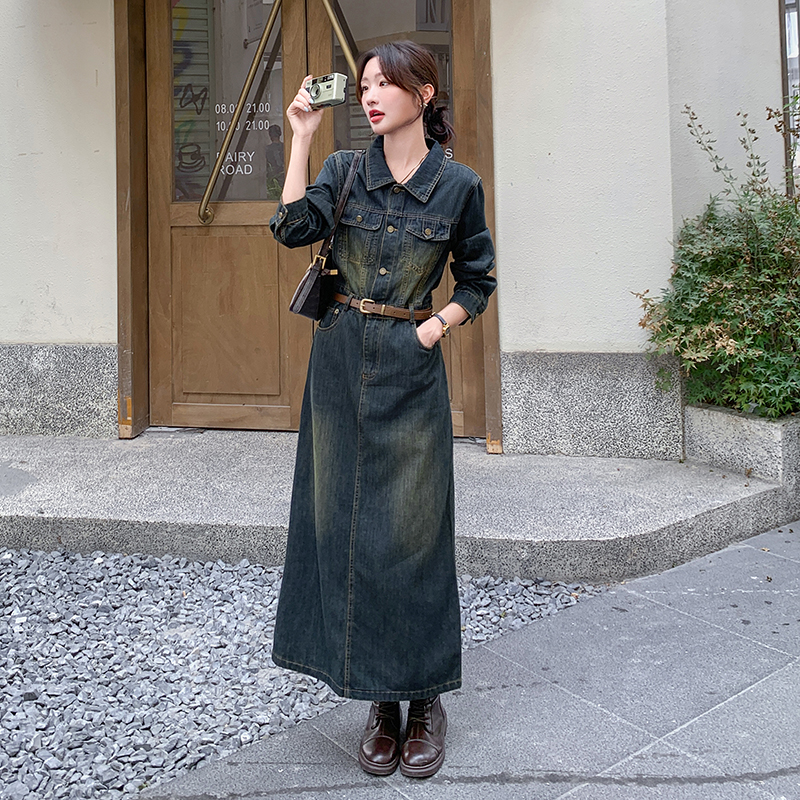 现货2025秋装新款时尚休闲复古色中长款牛仔连衣裙配腰带