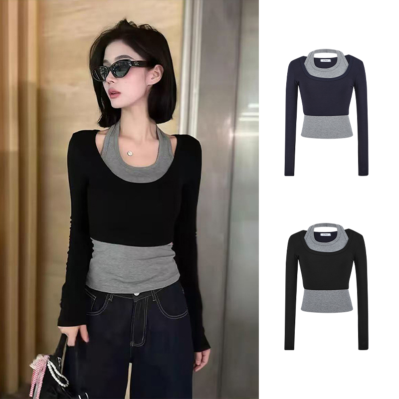 Moses Queen/魔西女王拼接假两件挂脖长袖T恤露锁骨小众显瘦上衣