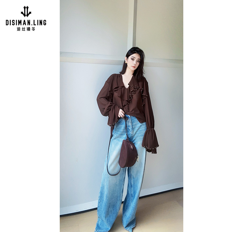 【迪丝嫚苓】100%棉蓝色牛仔裤高腰休闲小众气质时尚原创设计裤子女