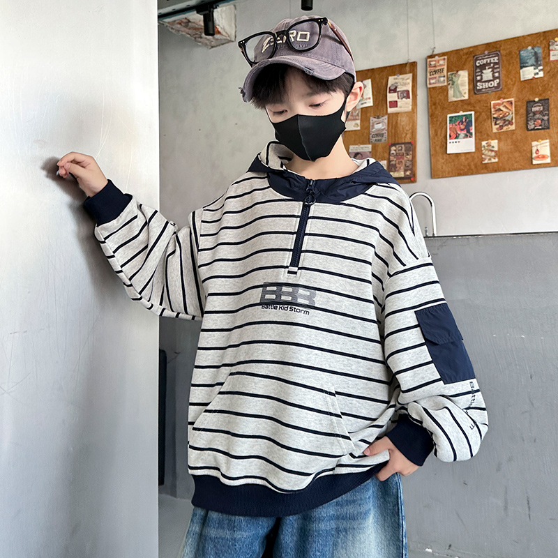 男童秋季卫衣2025新款中大童时尚条纹长袖儿童春秋款拼接连帽上衣