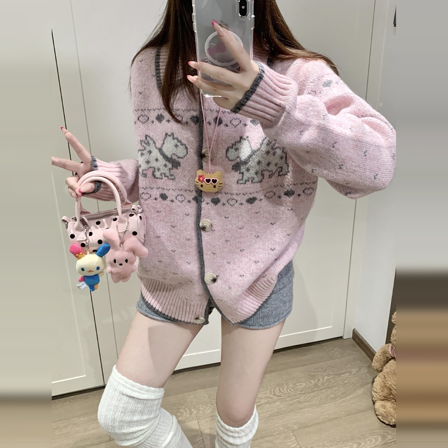 费尔岛毛衣慵懒高级感宽松针织开衫外套女秋冬季2025新款粉色上衣