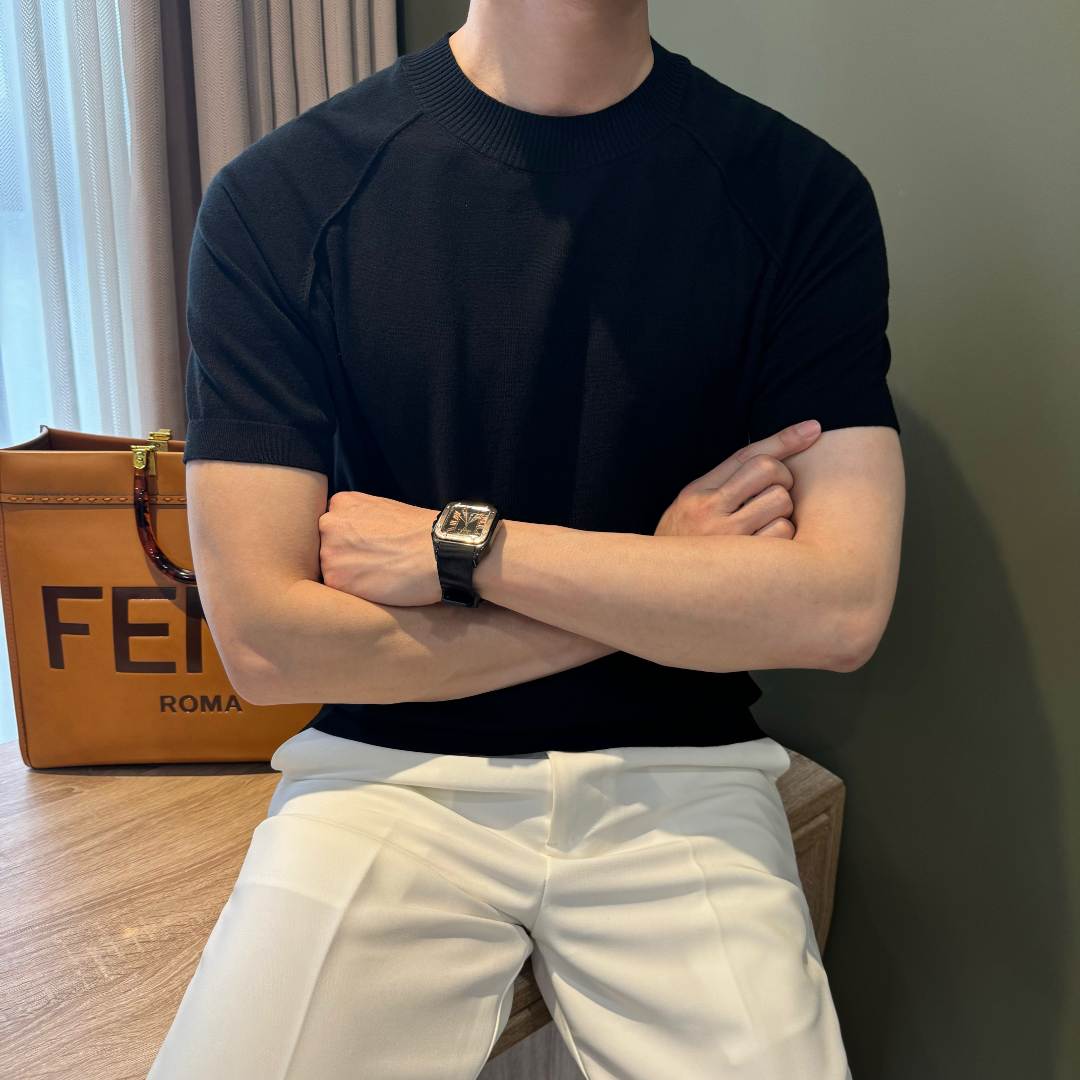 WUSHE物社【 14针100%纯棉】夏季百搭圆领T恤男士时尚休闲针织短袖