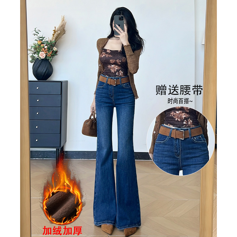 乔栈秋冬新款加绒蓝色设计感小个子微喇牛仔裤女2025修身显瘦喇叭