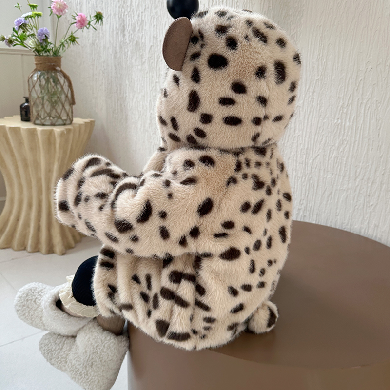 女童豹纹皮草外套2025新款洋气儿童加绒连帽毛毛衣水貂绒保暖冬装