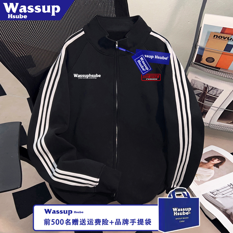 WASSUP HSUBE秋冬季立领开衫男女拉链款卫衣时髦英文字母印花外套