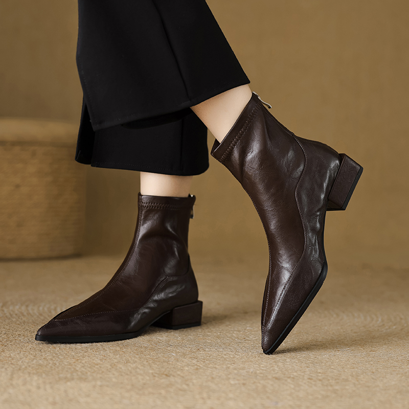 羊皮版~法式尖头弹力瘦瘦靴低跟2025秋冬新款粗跟复古切尔西短靴