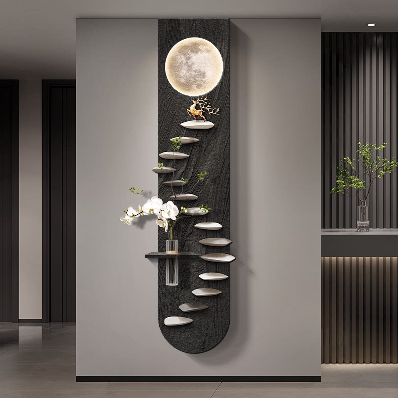 石来运转玄关装饰画入户门走廊长条挂画轻奢高级感立体月球壁灯画