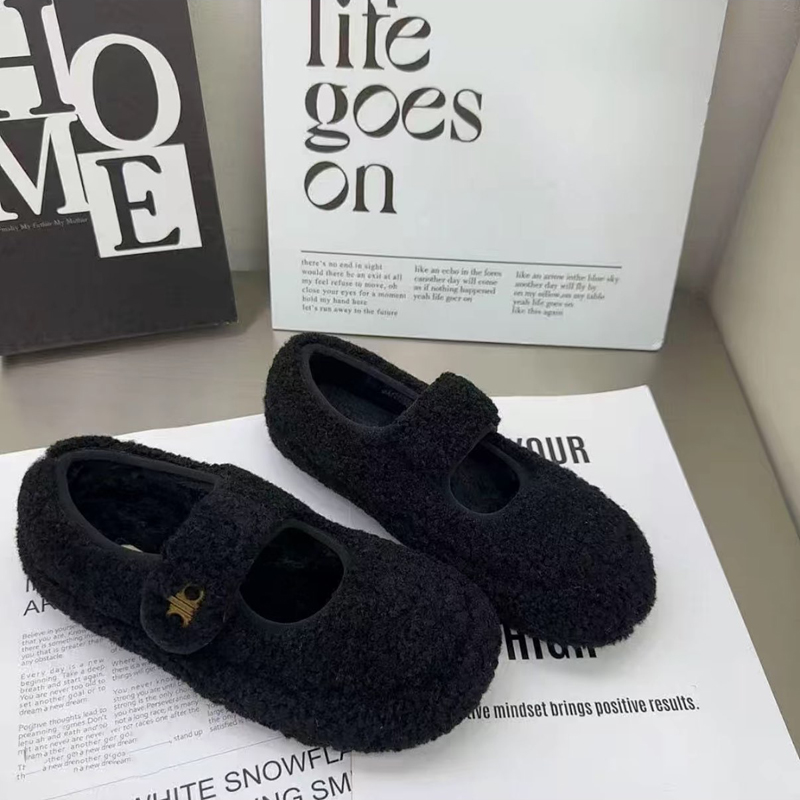 2025年秋冬新款加绒保暖魔术贴棉瓢鞋女休闲复古平底玛丽珍毛毛鞋