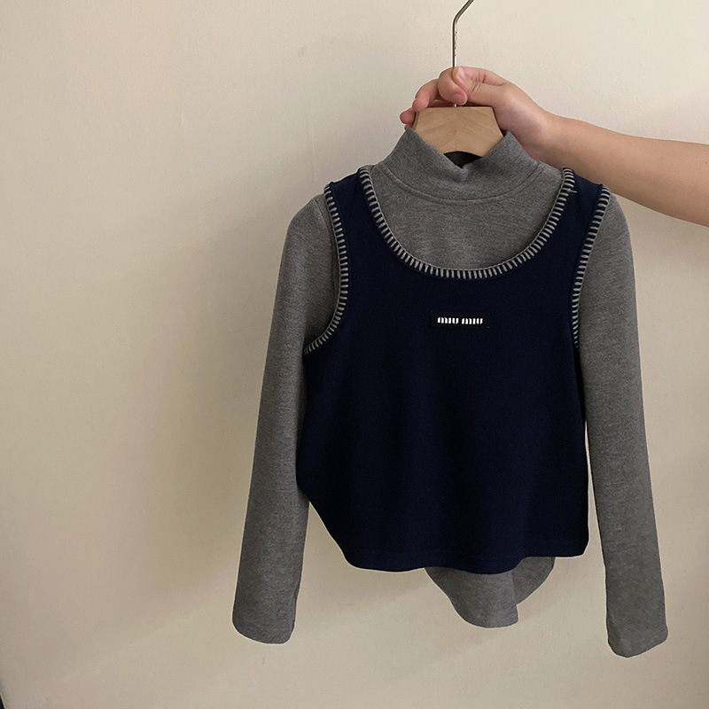 【安安家】女童秋冬韩版新款薄绒高领打底衫背心时尚潮流上衣R25581