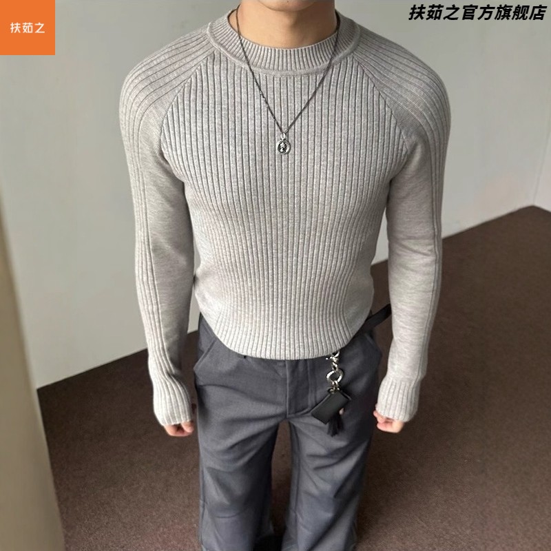 美式灰色修身休闲百搭圆领毛衣男款老钱风长袖针织打底衫