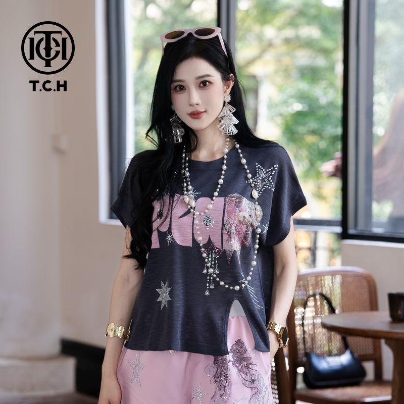 TCH私服烫钻工艺新时尚淑女百搭新潮流T恤女T75B09E5087轻奢tch