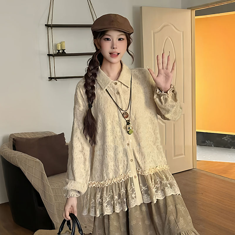 大码设计感蕾丝拼接下摆长袖衬衫女2025秋季胖mm显瘦独特别致衬衣