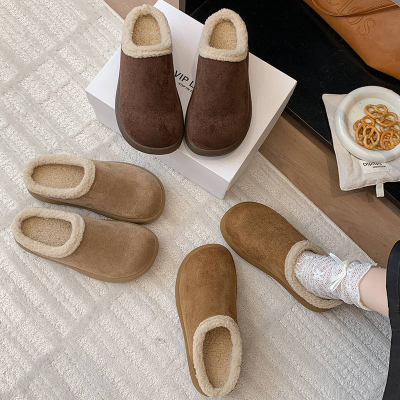 啄木鸟小土豆勃肯鞋女加绒2025冬季新款厚底毛毛棉拖保暖包头半拖