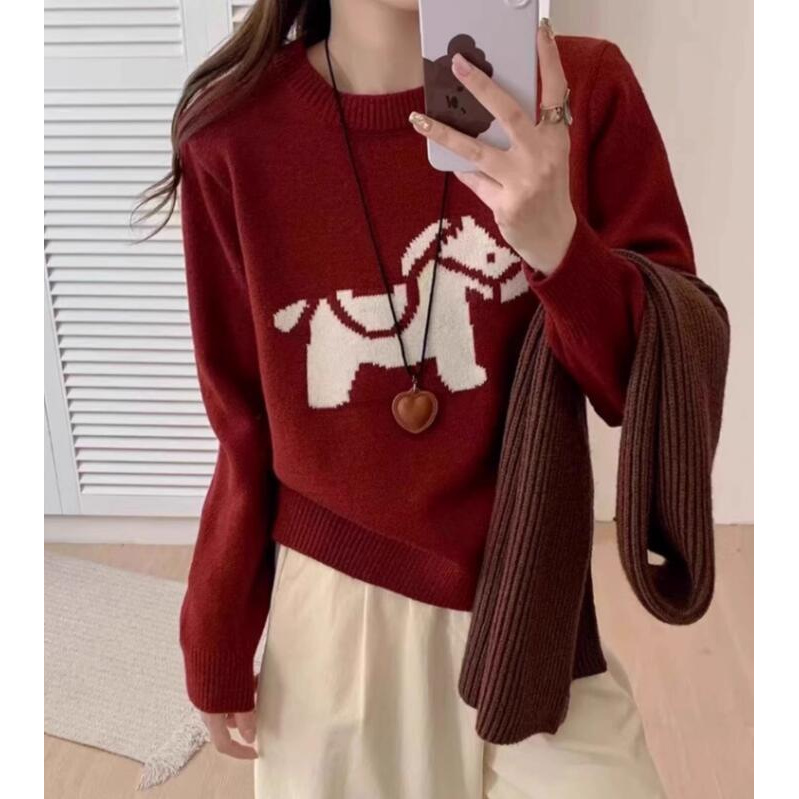 可爱提花小马图案针织衫女春季新款新年红色本命年毛衣2025
