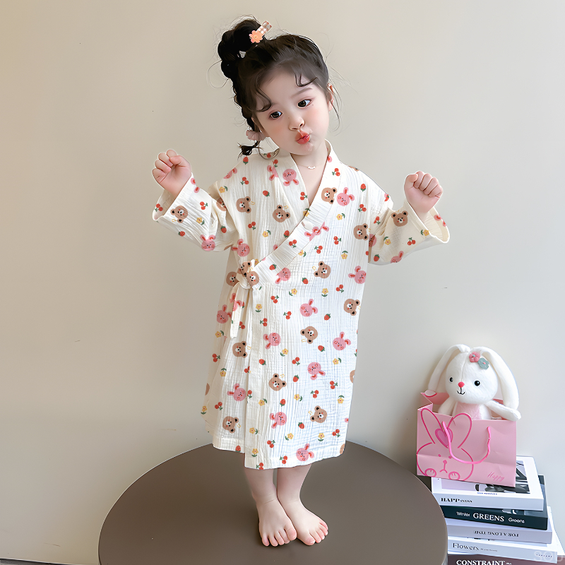 女童棉纱布睡袍春秋款2025新款小孩女宝宝长款家居服儿童春季浴袍