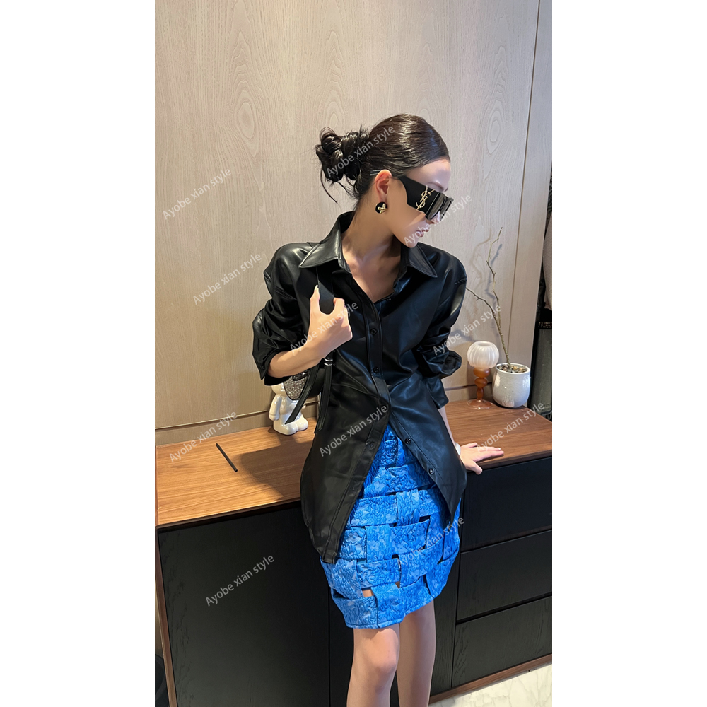 【AYOBE】小贤   美式潮流做旧显瘦收腰气质皮衣气质褶皱小众洋气