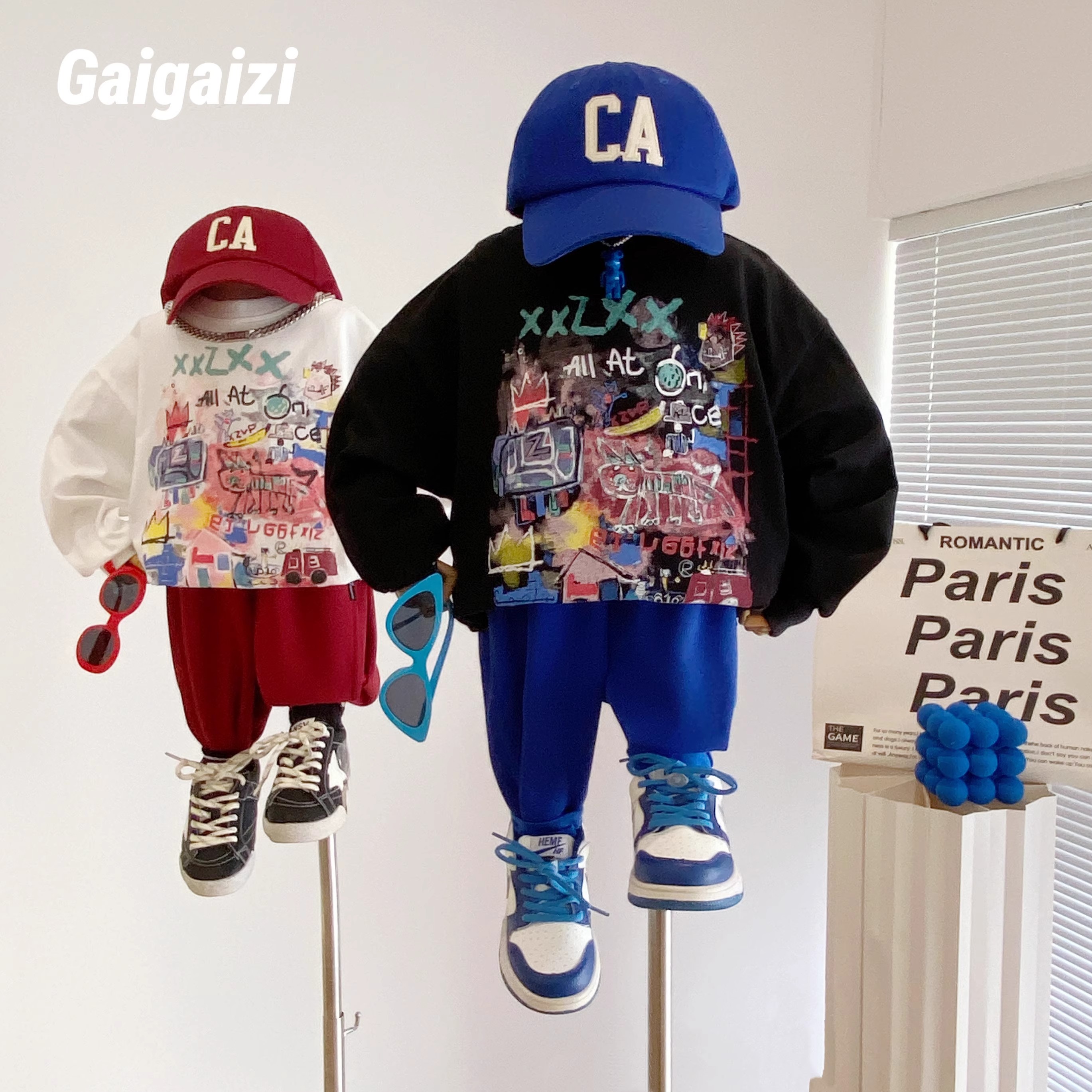 男童女童秋季T恤美式潮牌炫彩涂鸦时尚宽松上衣新款棉打底套头潮