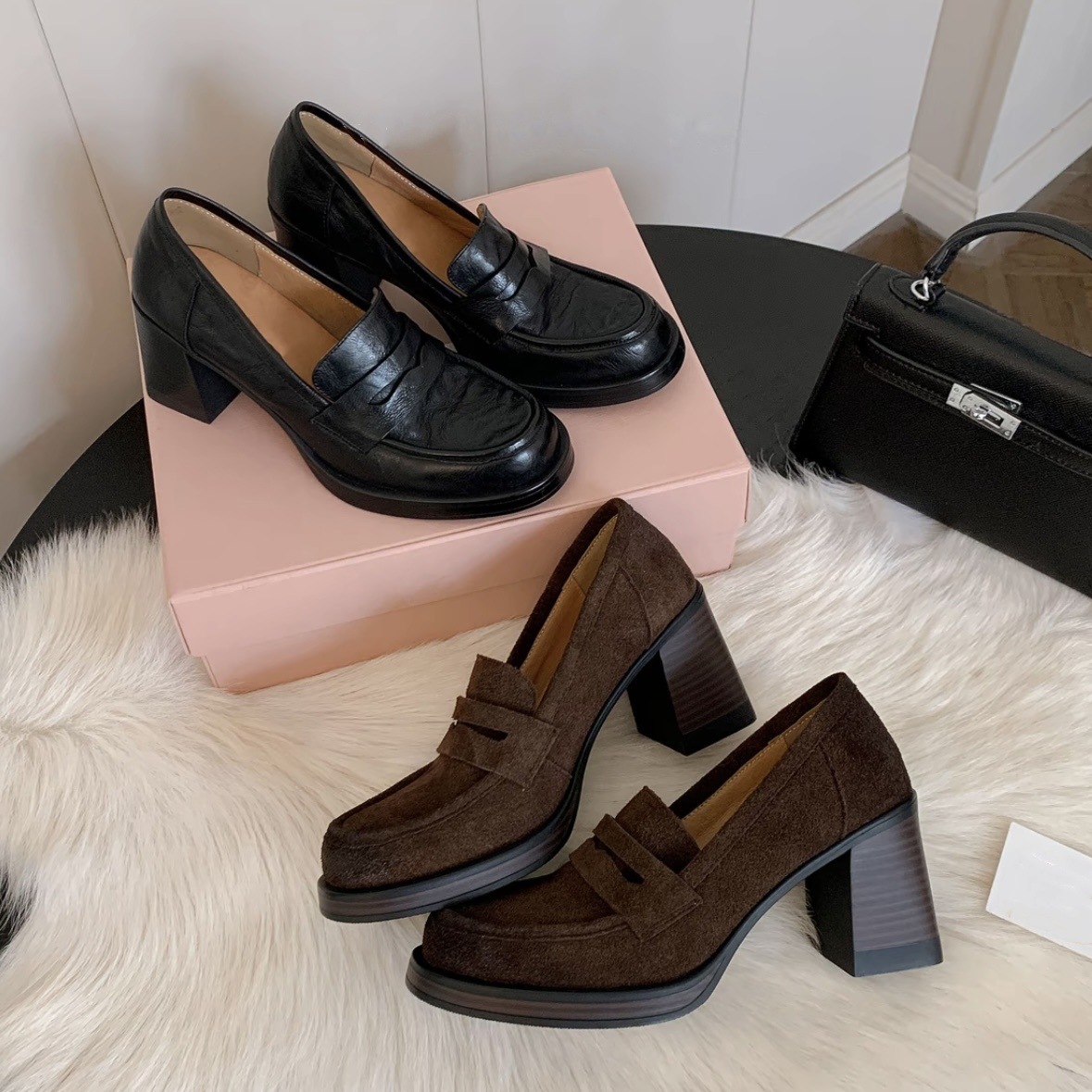 复古磨砂乐福鞋女圆头真皮粗高跟单鞋一脚乐福鞋女款爆款2025新款