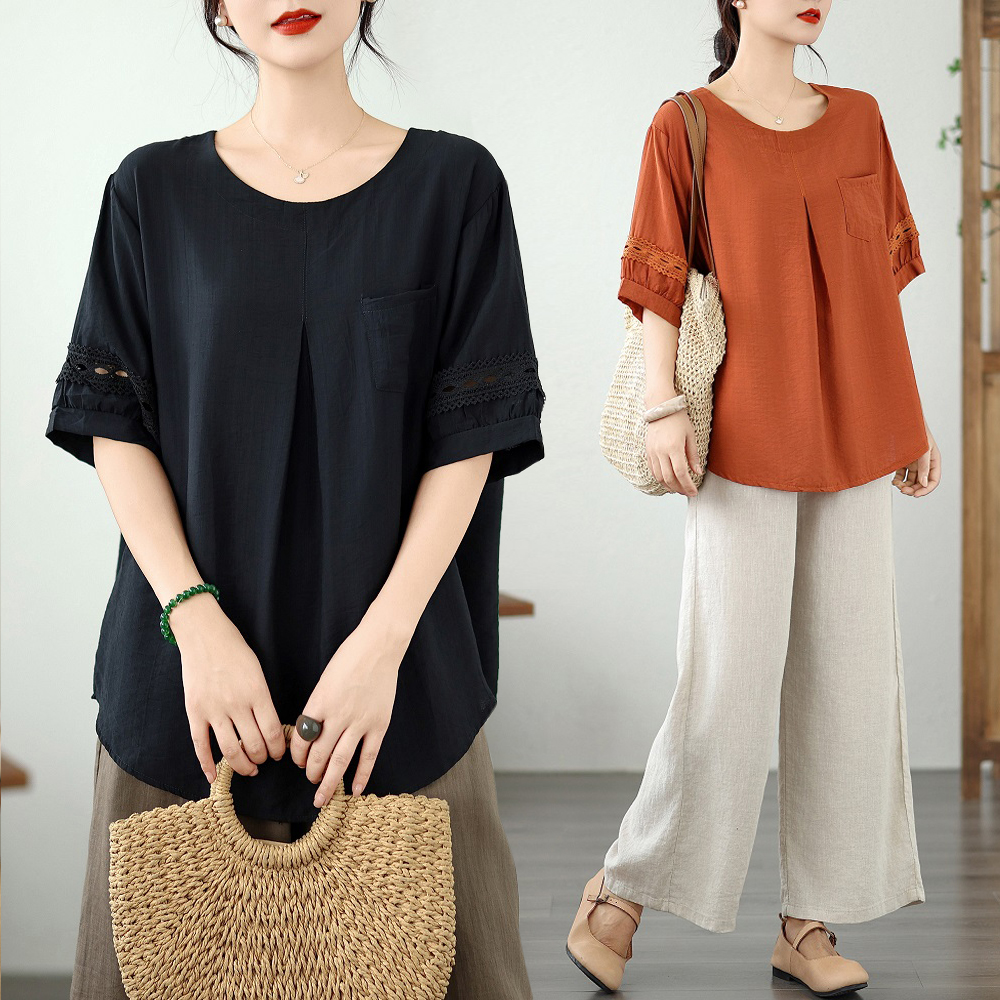新中式花边拼接棉麻短袖衬衫女夏装新款纯色大码宽松圆领T恤上衣