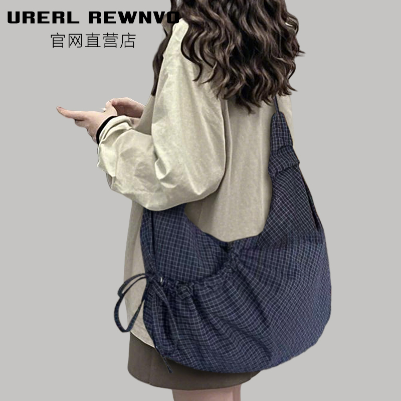 URERL REWNVO格纹饺子斜挎包女2025新款大容量通勤帆布饺子托特包
