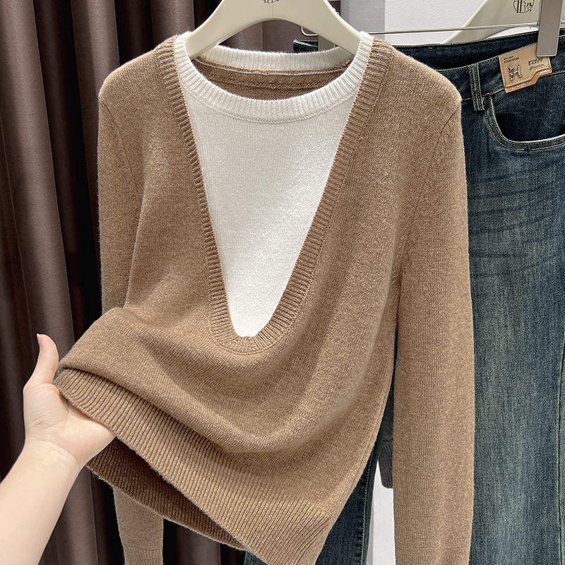 假两件撞色拼接长袖打底衫女秋冬宽松内搭卡其色圆领螺纹针织上衣