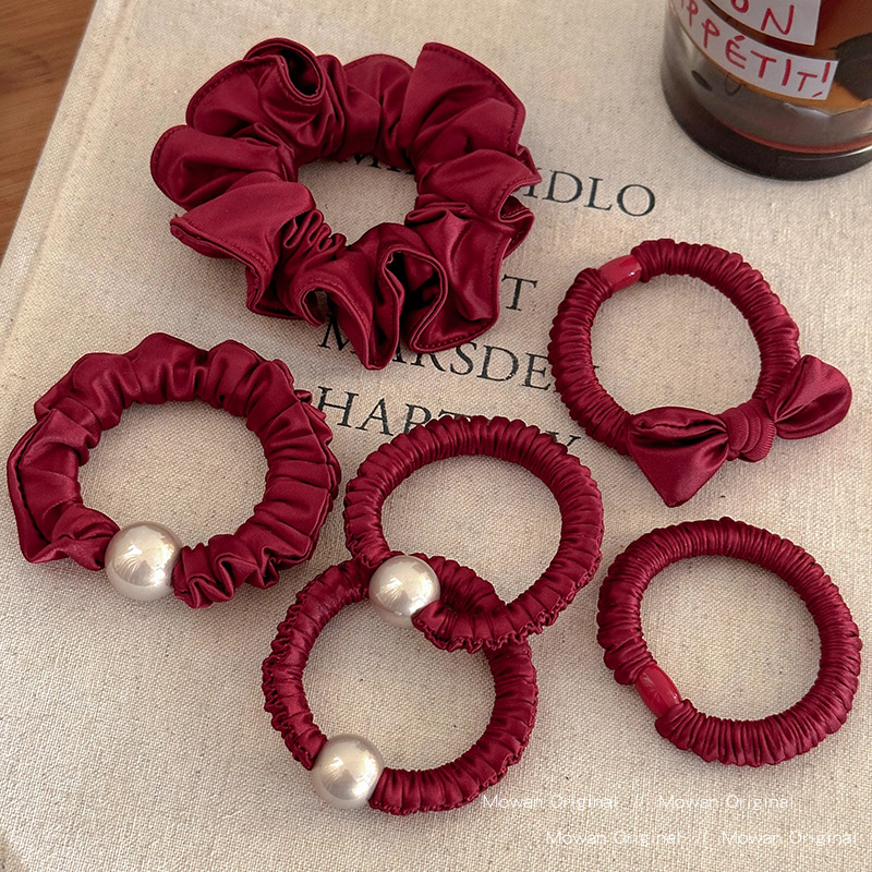 红色珍珠蝴蝶结头绳2025新款高端发绳头饰高弹力丸子头花发饰发圈