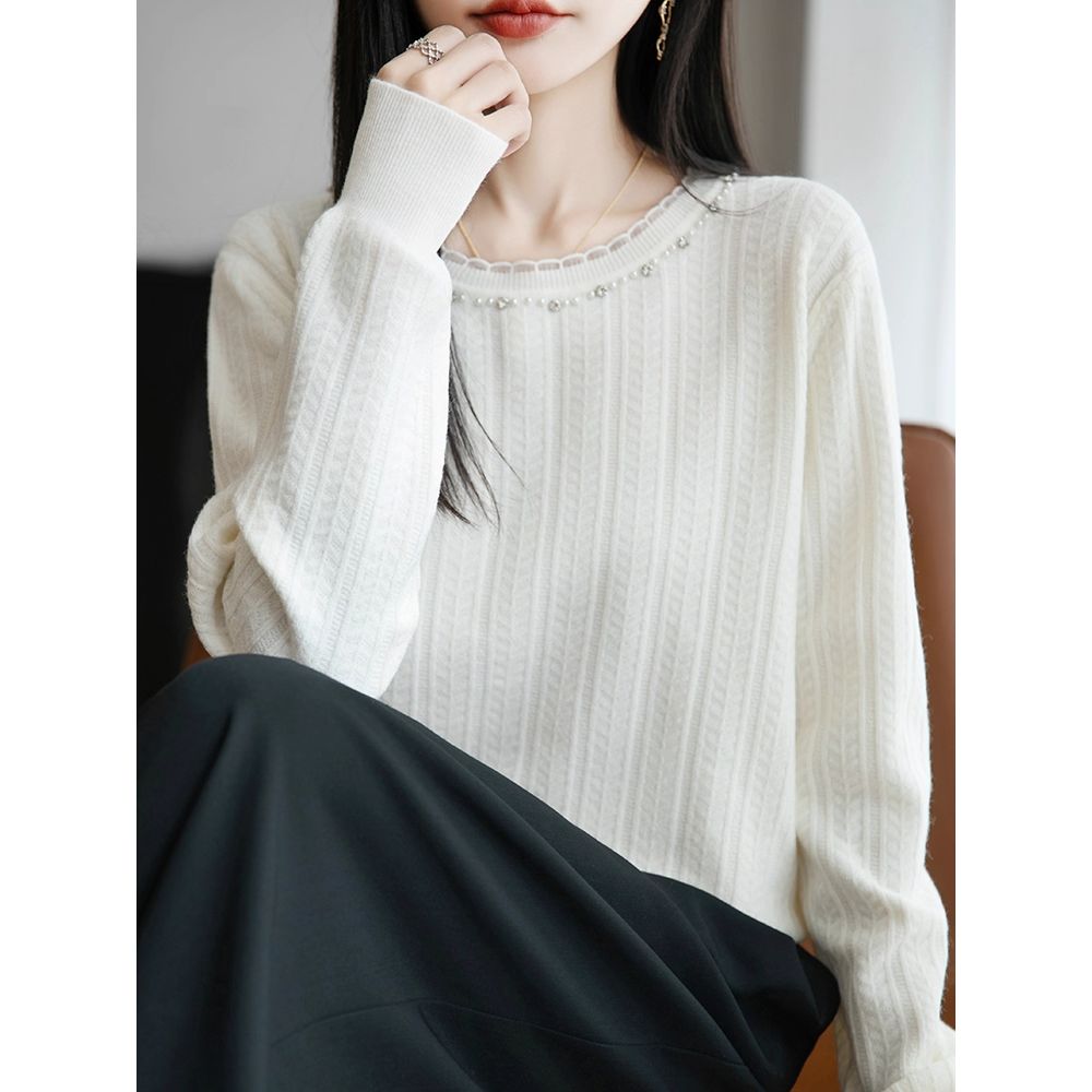 早秋蕾丝针织打底衫女2025新款春秋内搭上衣洋气大码女装秋冬毛衣