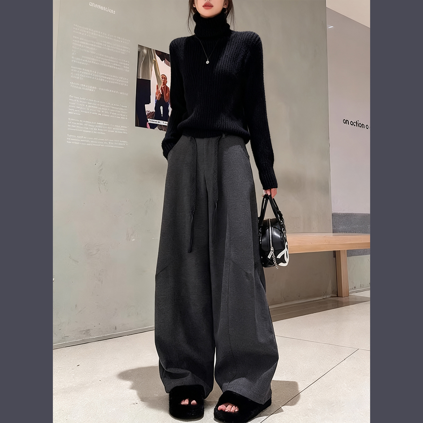 加绒加厚阔腿裤女秋冬2025新款高腰休闲裤垂感宽松毛呢气球弯刀裤