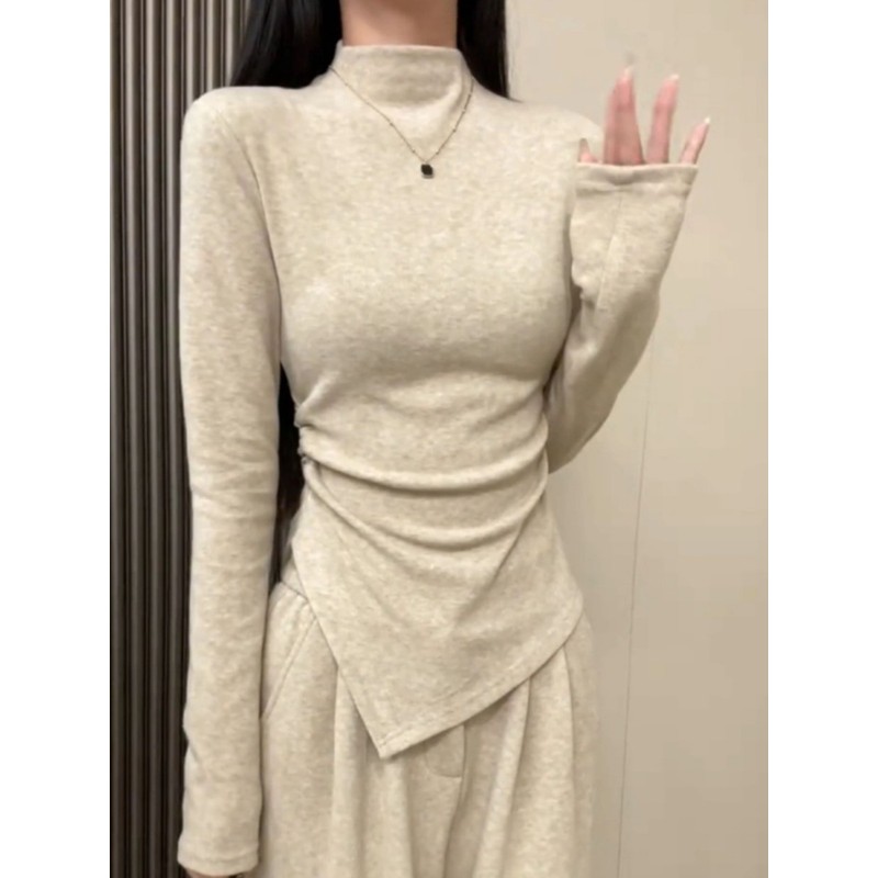哥弟阿玛施正品燕麦色半高领加绒内搭打底衫女2025新款早秋不规则