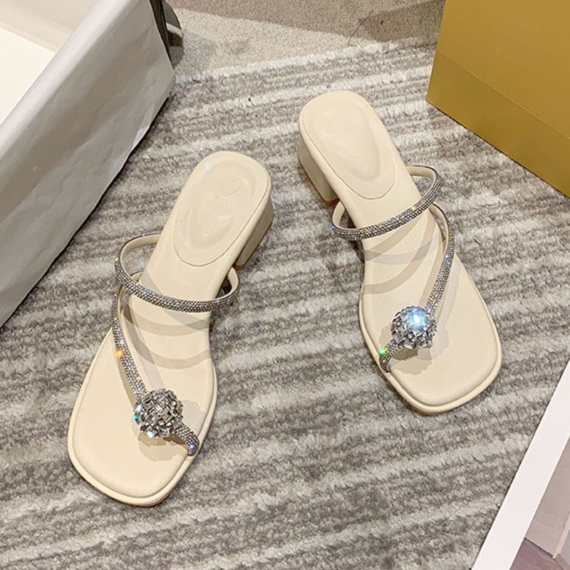 2025夏季新款仙女风水钻凉鞋跟外耐磨外穿时尚夹趾粗跟凉拖鞋