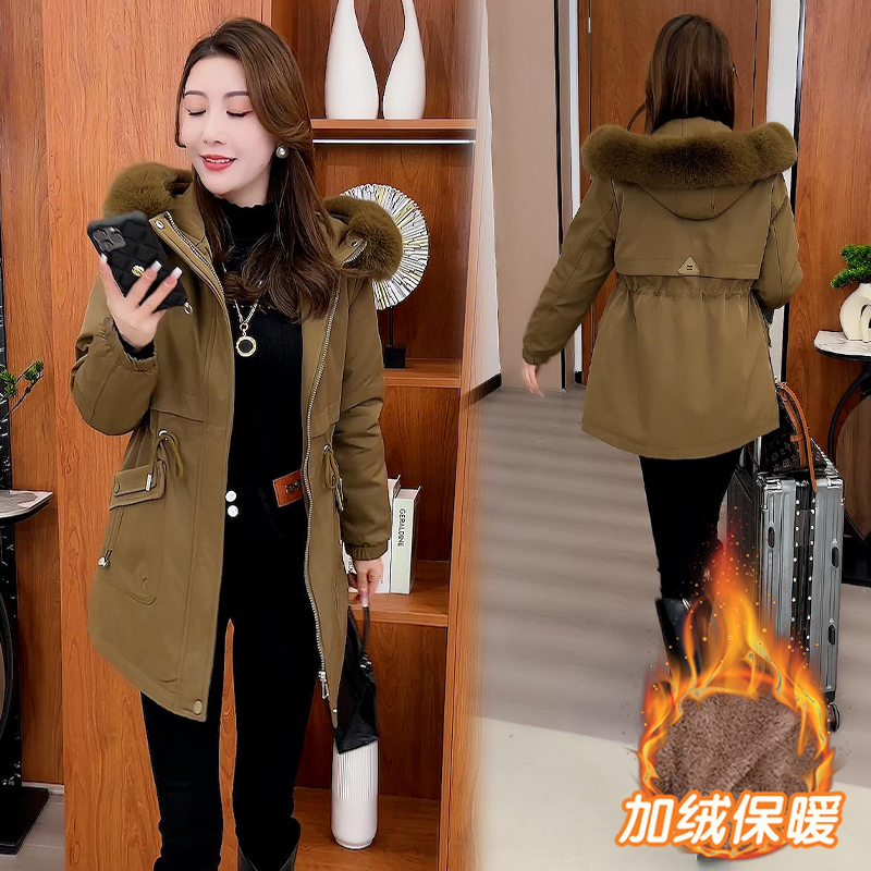 加绒加厚连帽棉服女士派克服秋冬装2025年新款中长款棉衣保暖外套