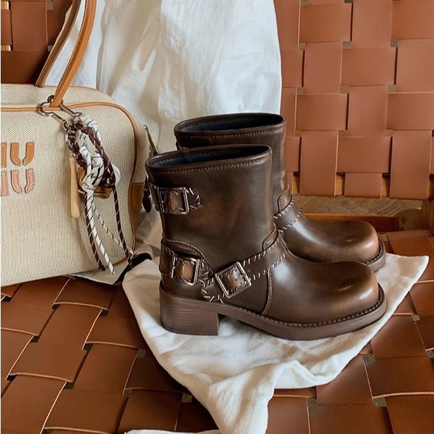 同款复古擦色皮带扣做旧粗跟机车英伦风短靴子新款女真皮秋冬百搭