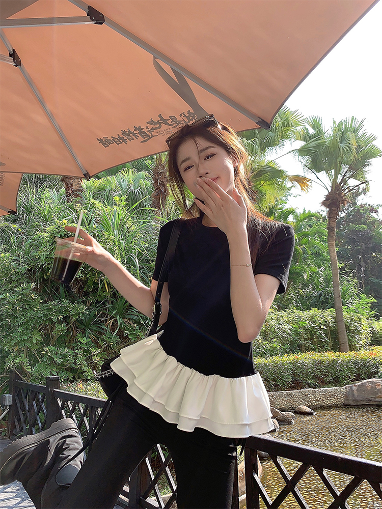 小众蓬蓬花边拼接假两件短袖T恤女夏季荷叶边设计感圆领修身上衣