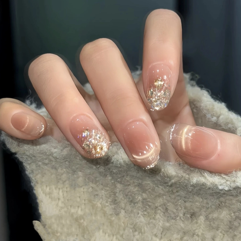 塞纳黄昏任敏同款纯欲优雅温柔爆闪猫眼款纯手工显白穿戴甲裸色