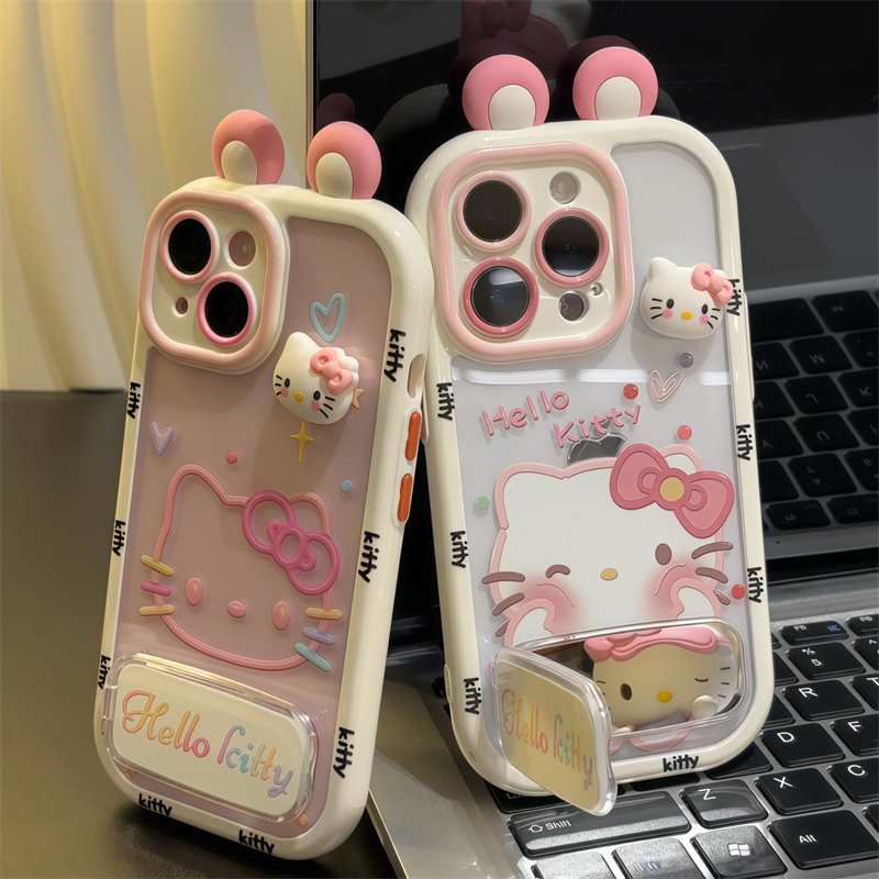 趣味kitty立体耳朵镜面支架适用苹果16手机壳iphone14小米15华为m