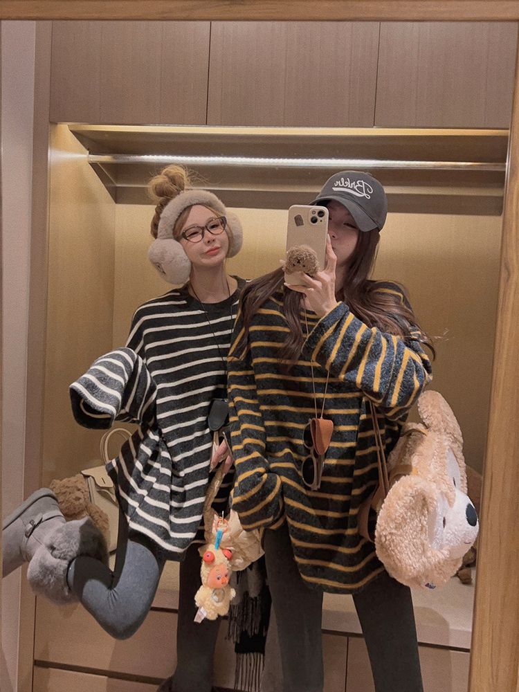 韩系磨毛绒感内搭条纹长袖T恤上衣女秋冬韩系宽松显瘦时髦打底衫