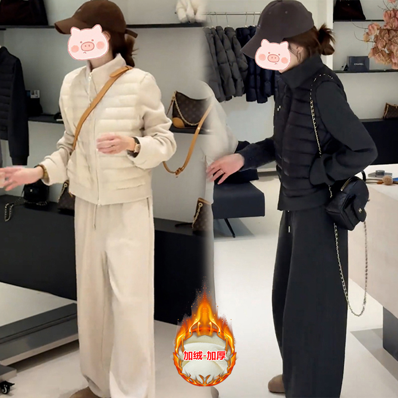 秋冬季新款时尚高级感拼接棉服外套搭配加绒直筒休闲裤两件套女潮