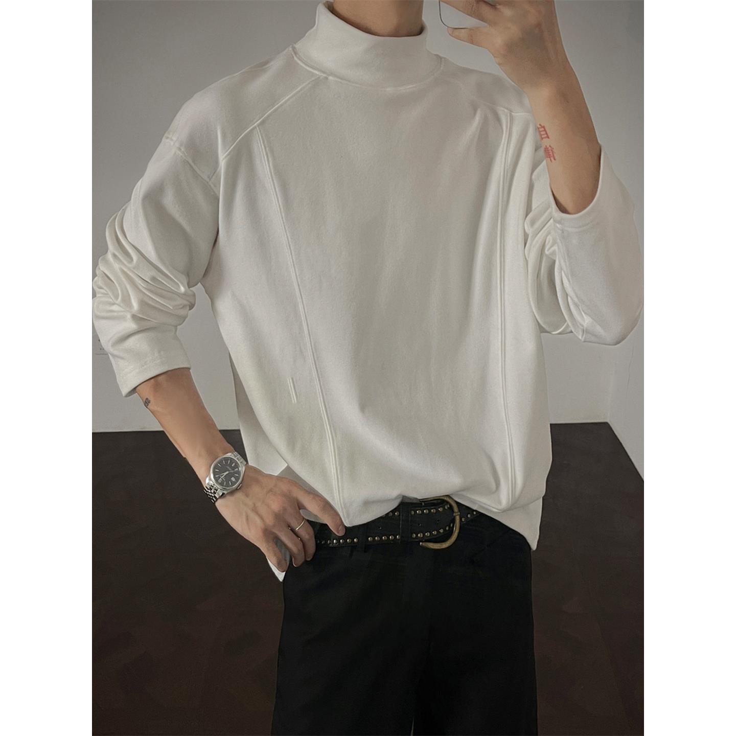 白色半高领德绒内搭打底衫男款秋季boxy解构正肩上衣痞帅长袖t恤