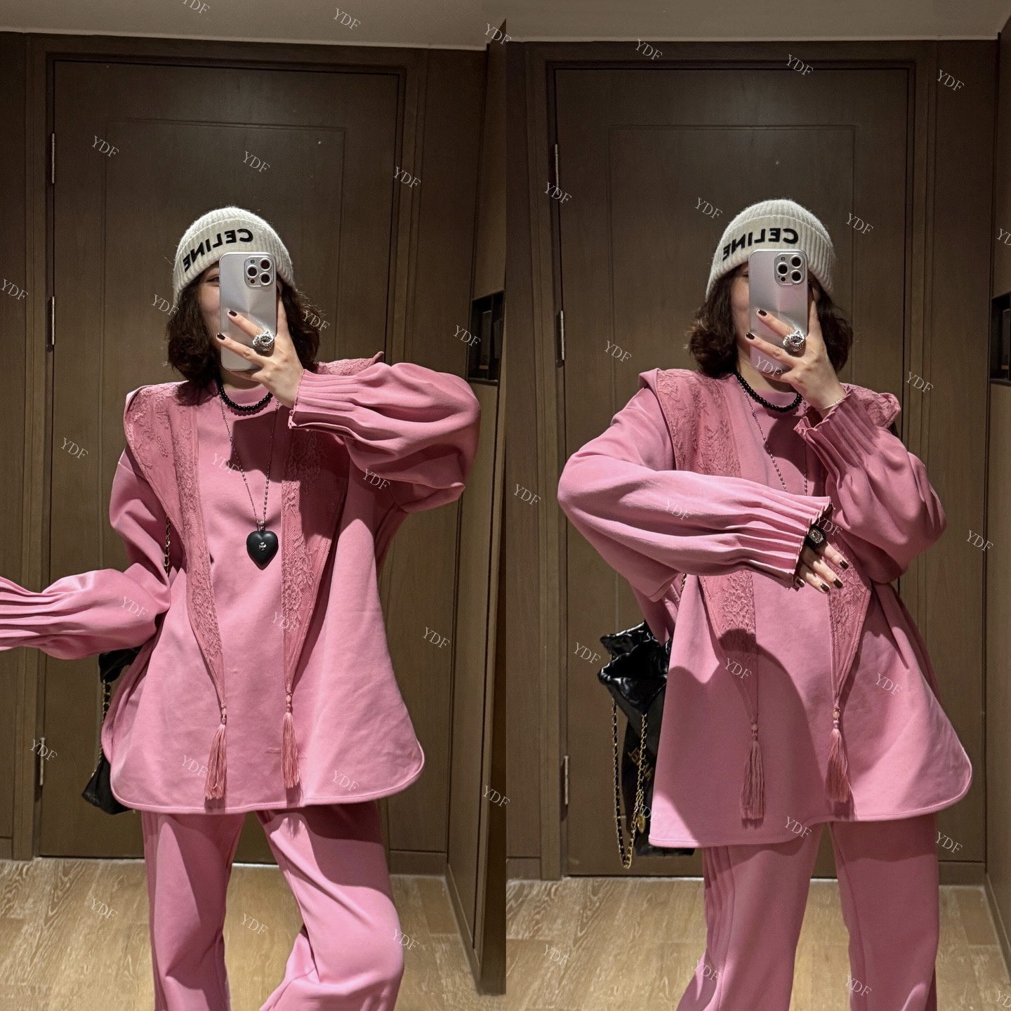 YDFSTUDIO小众【秋日氛围】欧货高品早秋连帽披肩设计上衣+裤子套装