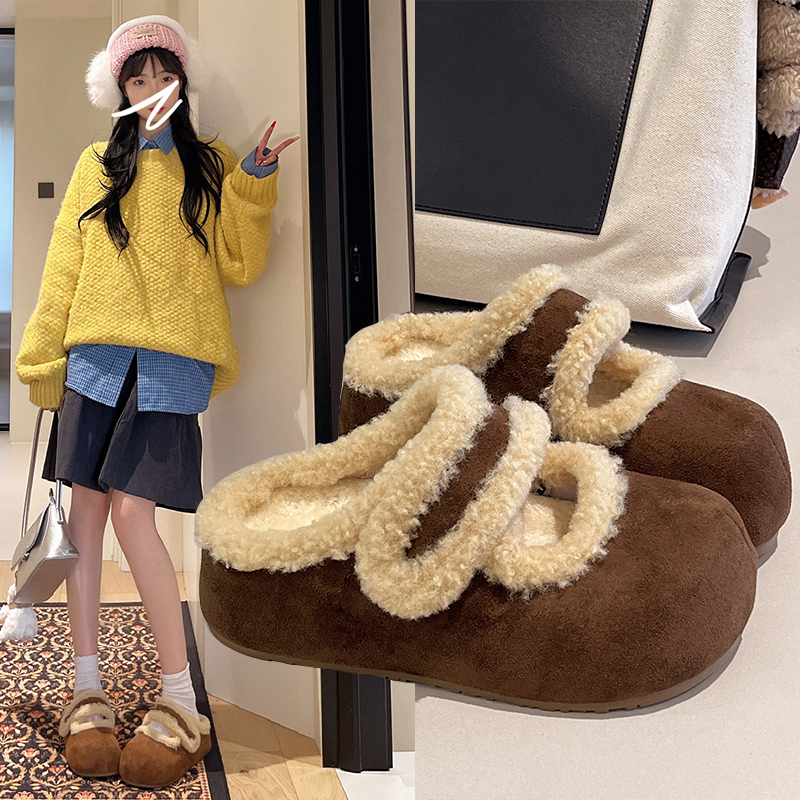 复古厚底毛毛拖鞋女外穿2025冬季加绒包头半拖保暖防滑内增高棉拖