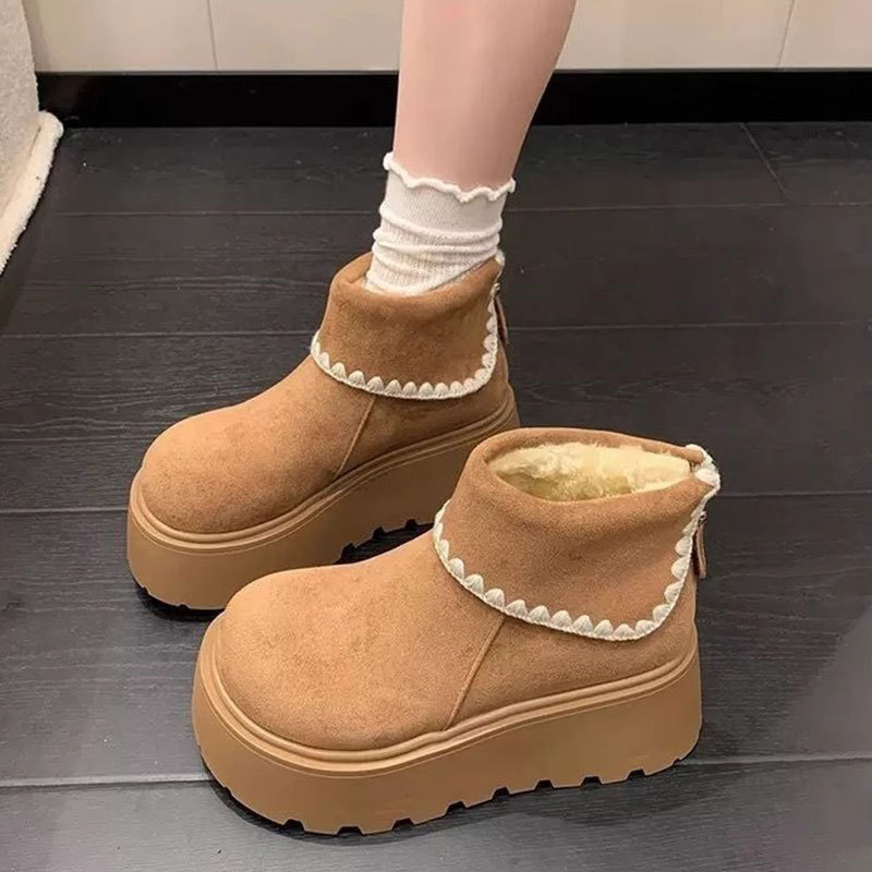 短靴厚底增高雪地靴女2025秋冬复古花边加厚保暖勃肯鞋短筒大棉鞋