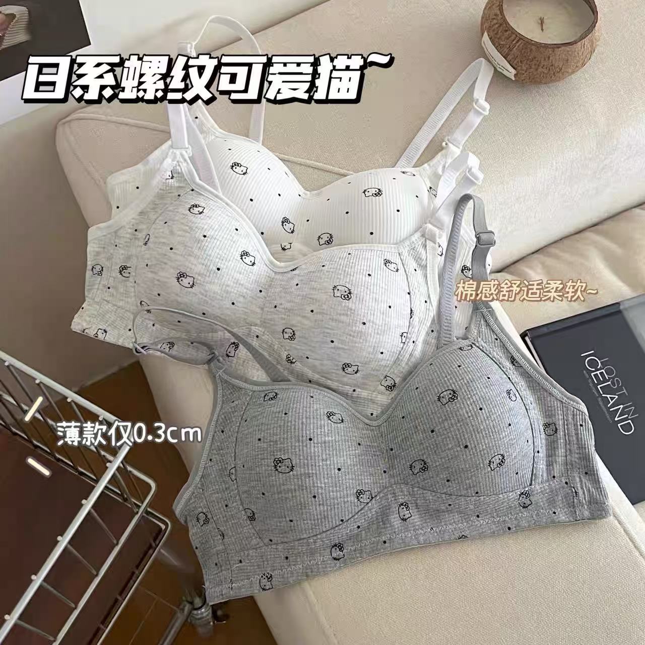 甜美可爱猫咪内衣女小胸聚拢舒适无钢圈薄款透气学生高中生文胸罩