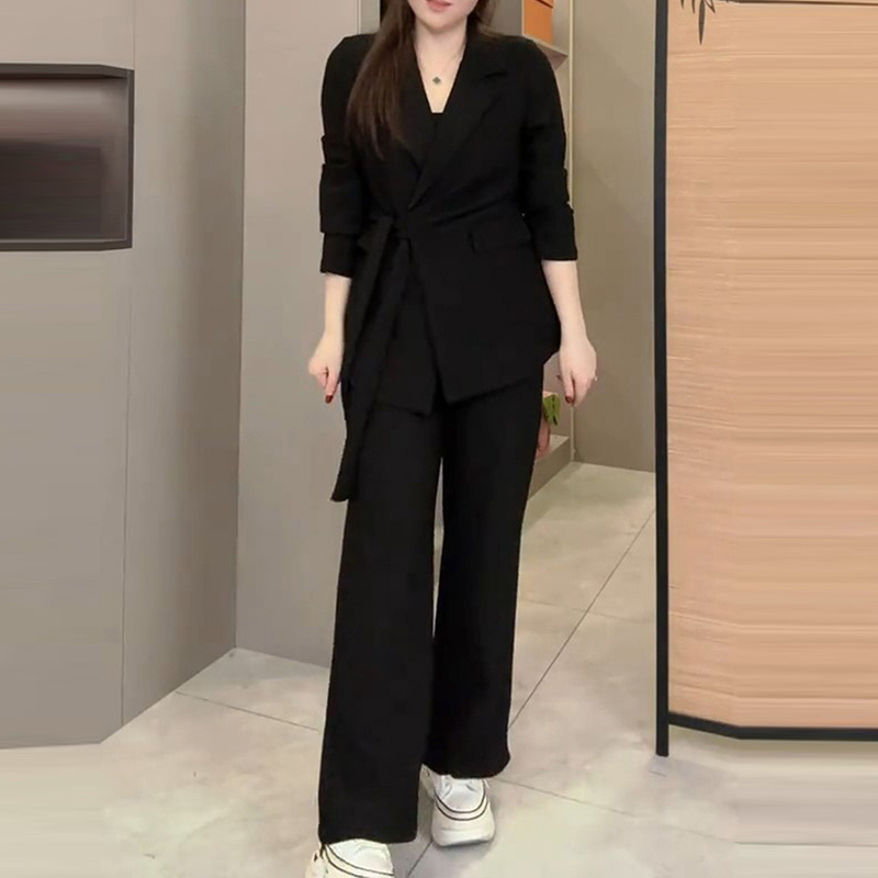 韩版宽松显瘦时尚套装女2025秋新款系带西装上衣阔腿裤休闲两件套