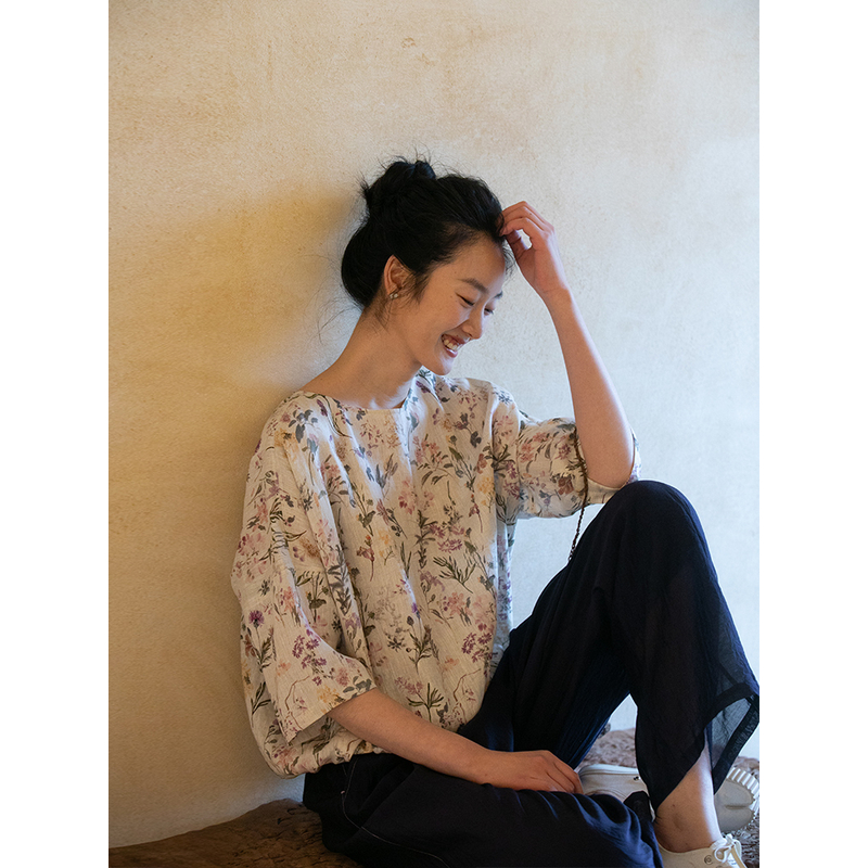 牧衣原创 印花亚麻衬衫女新款轻薄文艺设计感宽松百搭上衣 雨青