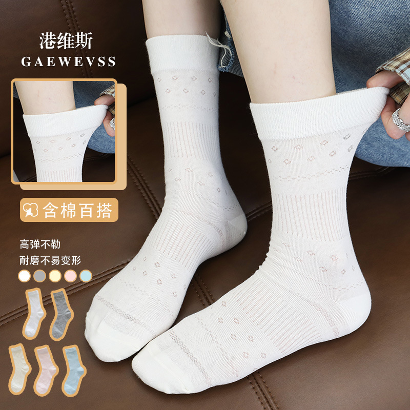 2025港维斯夏季薄款小花镂空袜韩版运动透气女纯色堆堆袜中筒袜子