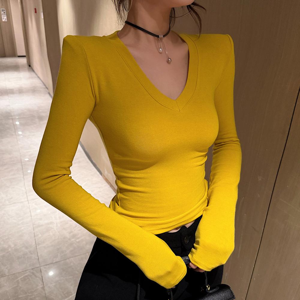 纯欲辣妹磨毛绒长袖T恤女2025秋冬新款设计感修身显瘦垫肩打底衫