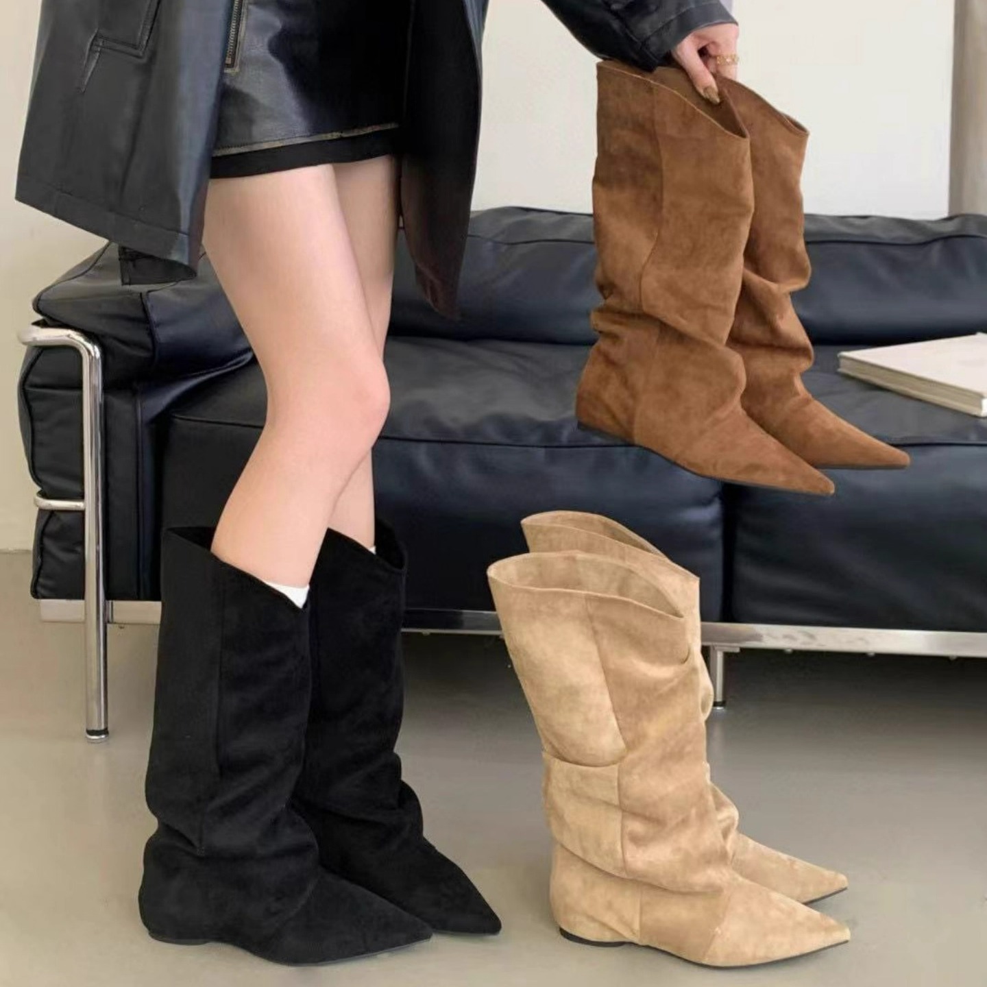 内增高尖头卡其色绒面堆堆长筒骑士靴女鞋2025秋季高跟中筒长靴子