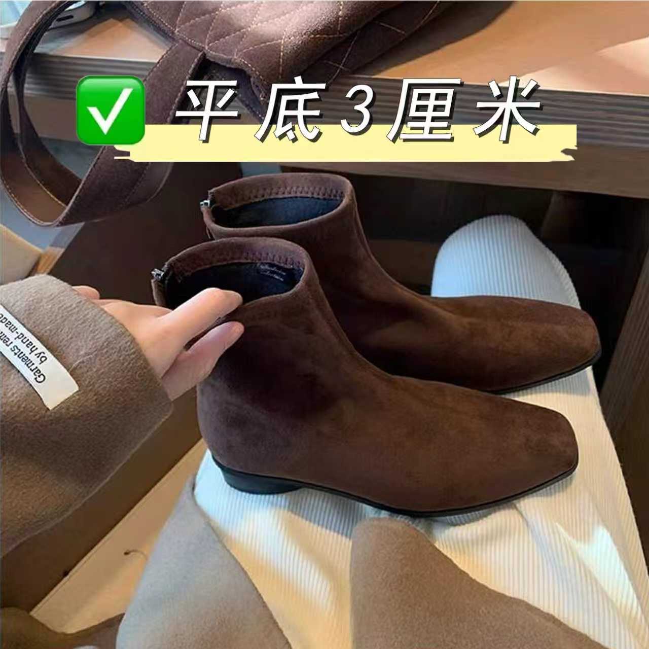 【艾可妙】平底3cm法式方头复古棕色绒面粗跟短靴女后拉链马丁靴女