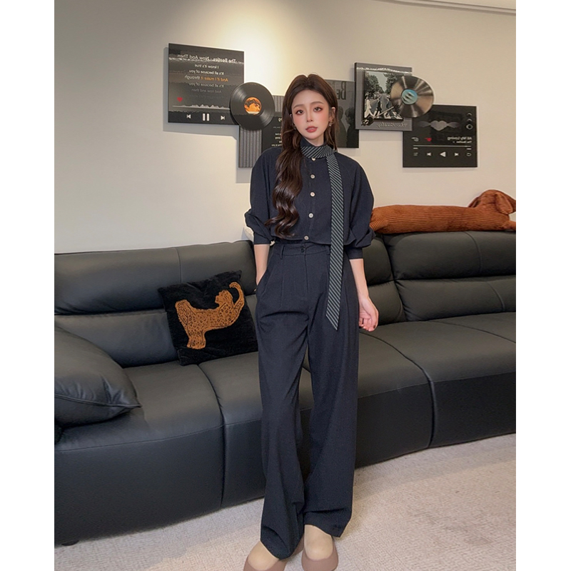 秋季新款法式气质显瘦女含飘带套装金属扣长袖衬衫直筒长裤三件套